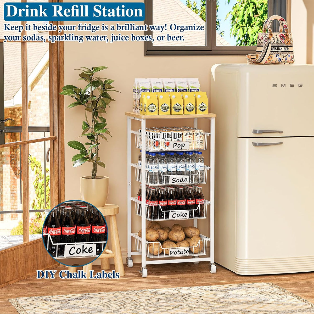 OKZEST 5-Tier Kitchen Storage Cart with 4 Upgraded Drawer Basket & Wood Top | Mobile fruit basket stand with 4 PE liners, Rolling kitchen pantry organizers, Holds potato, onion, drink, can, snack, veggie