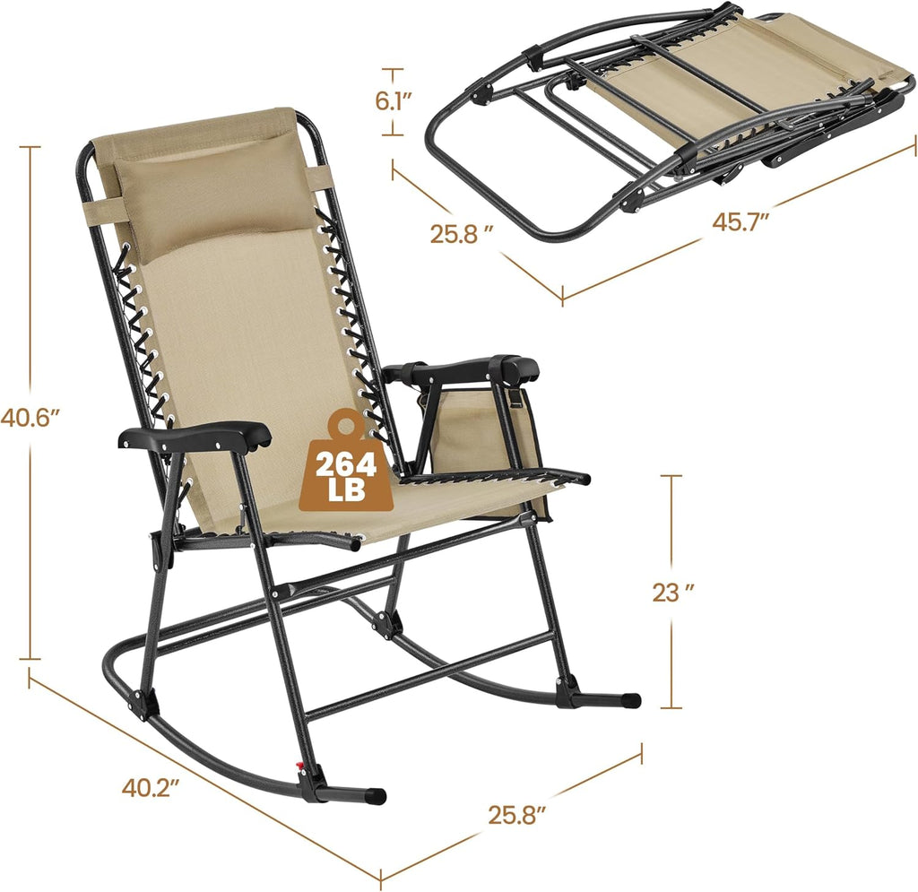 Yaheetech Patio Rocking Chair Folding Camping Chair with Pocket, Beige | Folding rocking recliner with smooth zero-gravity recline, ergonomic design with pillow. Great for patio, lawn & camping.