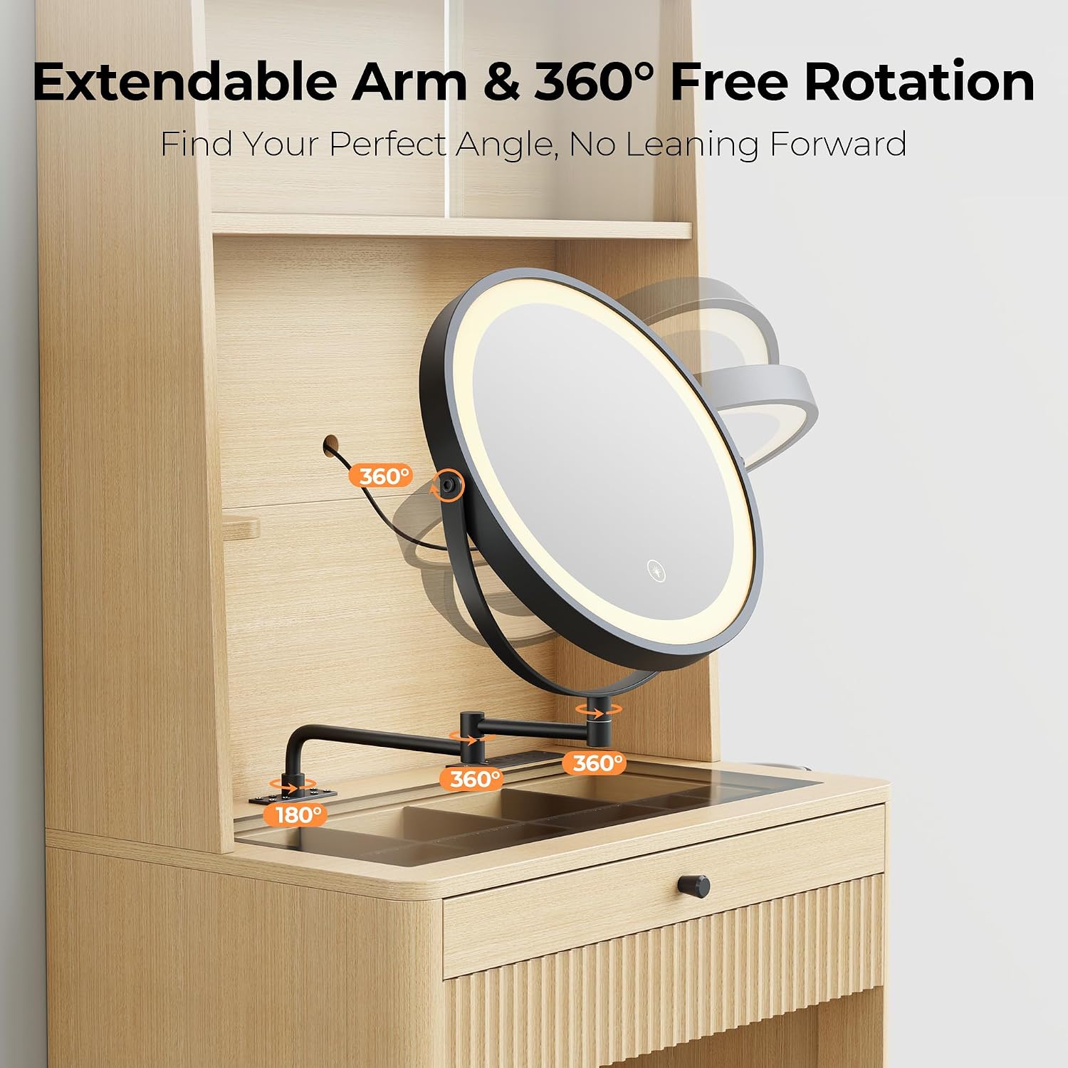 IRONCK Small Vanity Desk with LED Mirror, Glass Top & Storage Stool | 26-inch oak vanity with adjustable mirror arm, 3 light modes, 2 drawers, charging station, and tuck-away storage stool.