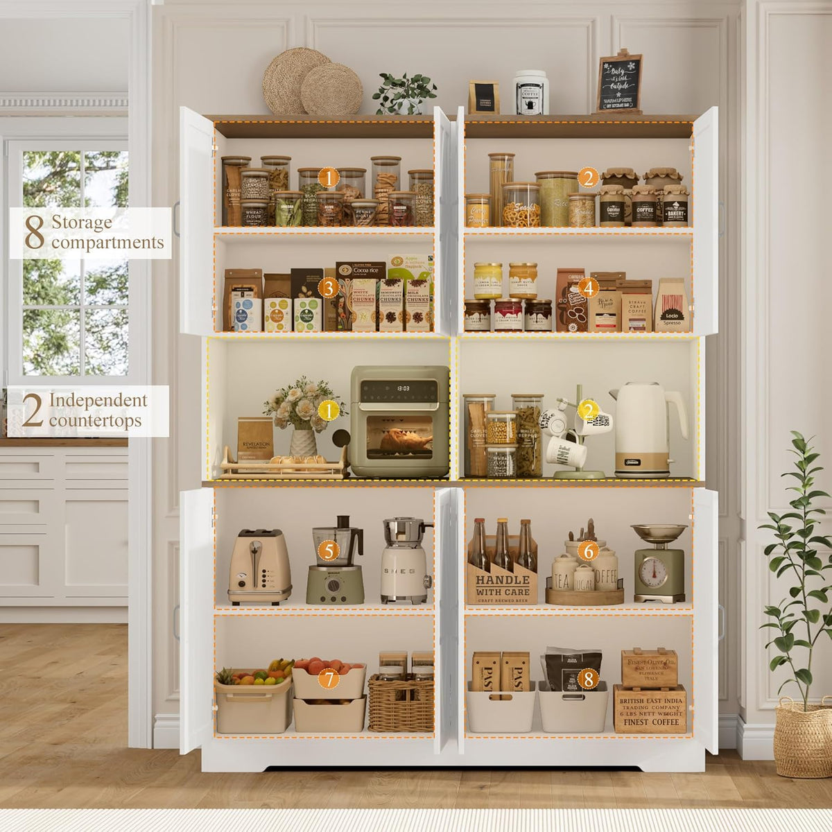 HOSTACK 71" Tall Pantry Cabinet, 55" Wide Kitchen Pantry Storage Cabinet, Large Kitchen Hutch with 2 Microwave Stands, Farmhouse Coffee Bar Station with Doors and Shelves for Dining Room, White