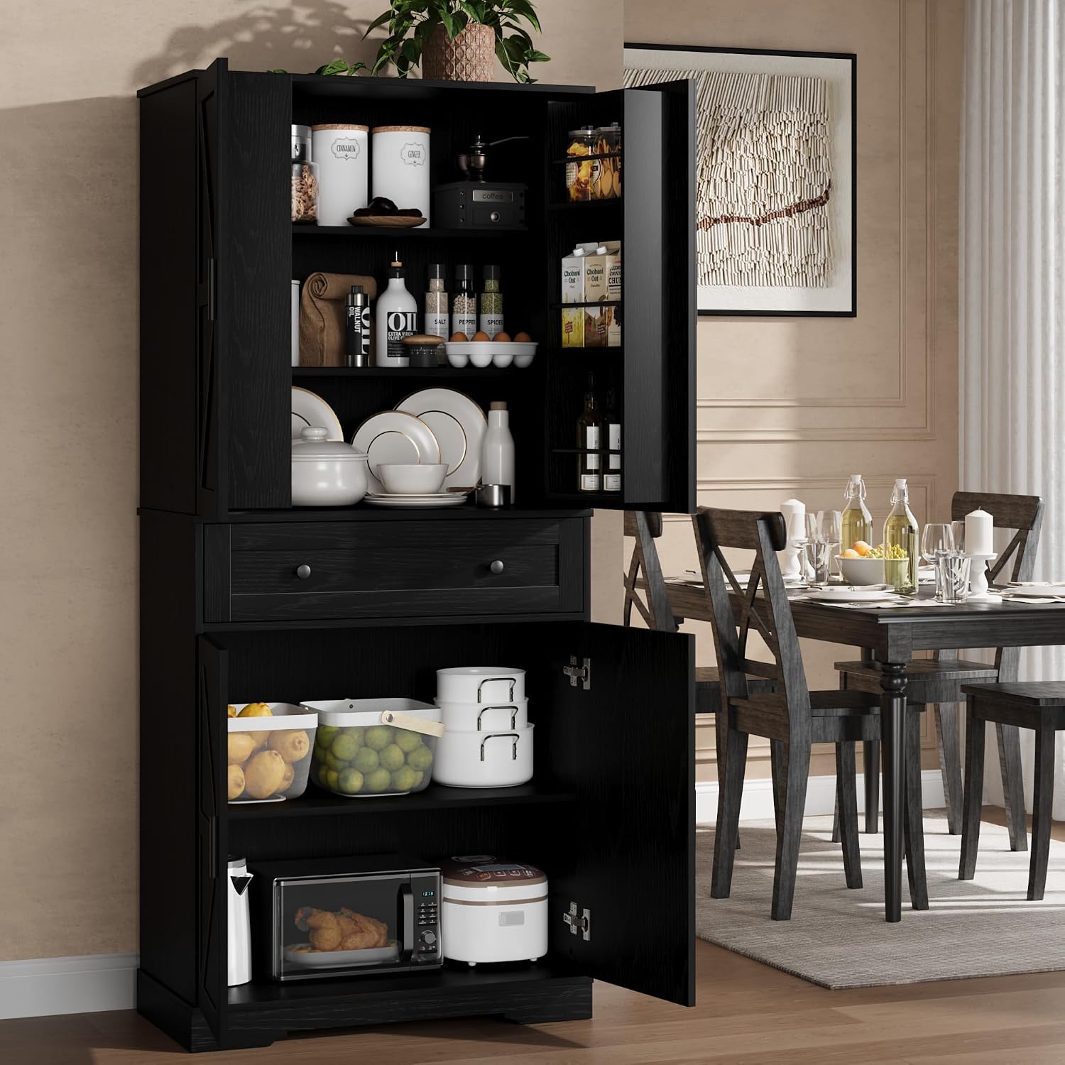 Garvee 71" Kitchen Pantry Cabinet, Barn Door Freestanding Cupboard with Drawer, Sliding Storage Rack, and 6 Hanging Shelves for Kitchen, Dining Room, Living Room Bedroom