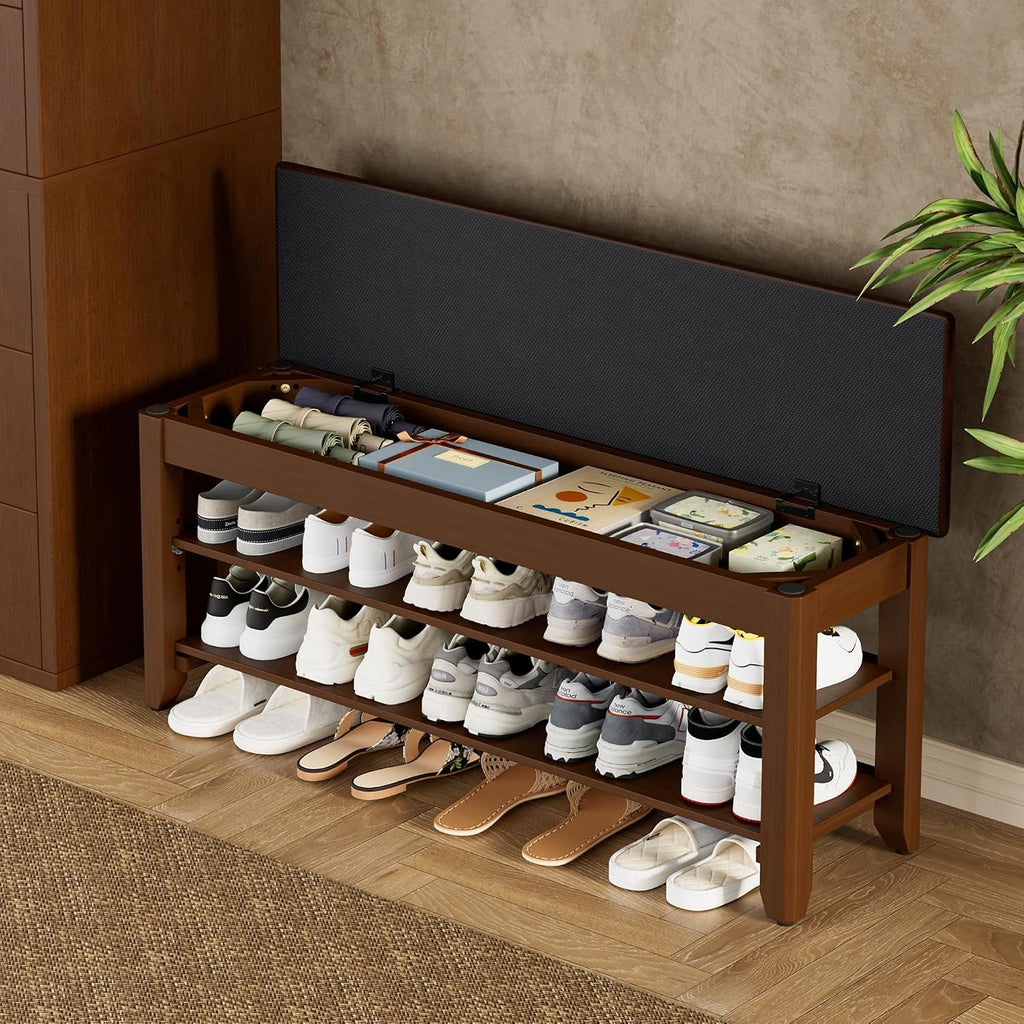 Homleke 39.4" Wide Solid Wood Shoe Rack Bench with Flip-Top Storage | 2-Tier Entryway Bench with Cushion, Adjustable Shelf, Holds Up to 10 Pairs, for Hallway, Bedroom and Closet, Walnut