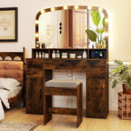 CHARMAID Large Vanity Desk with Arched Mirror and Lights, Vintage Makeup Vanity Table with Charging Station, Storage Drawers & Cabinets, Dressing Table with Stool for Bedroom, Rustic Brown