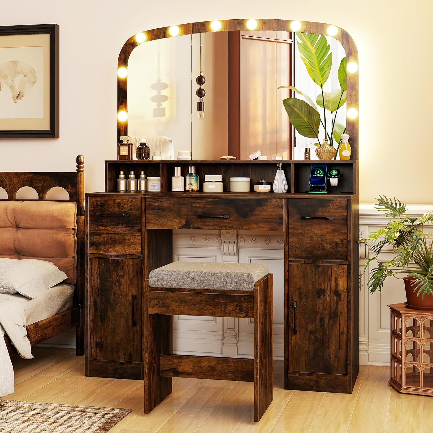 CHARMAID Large Vanity Desk with Arched Mirror and Lights, Vintage Makeup Vanity Table with Charging Station, Storage Drawers & Cabinets, Dressing Table with Stool for Bedroom, Rustic Brown