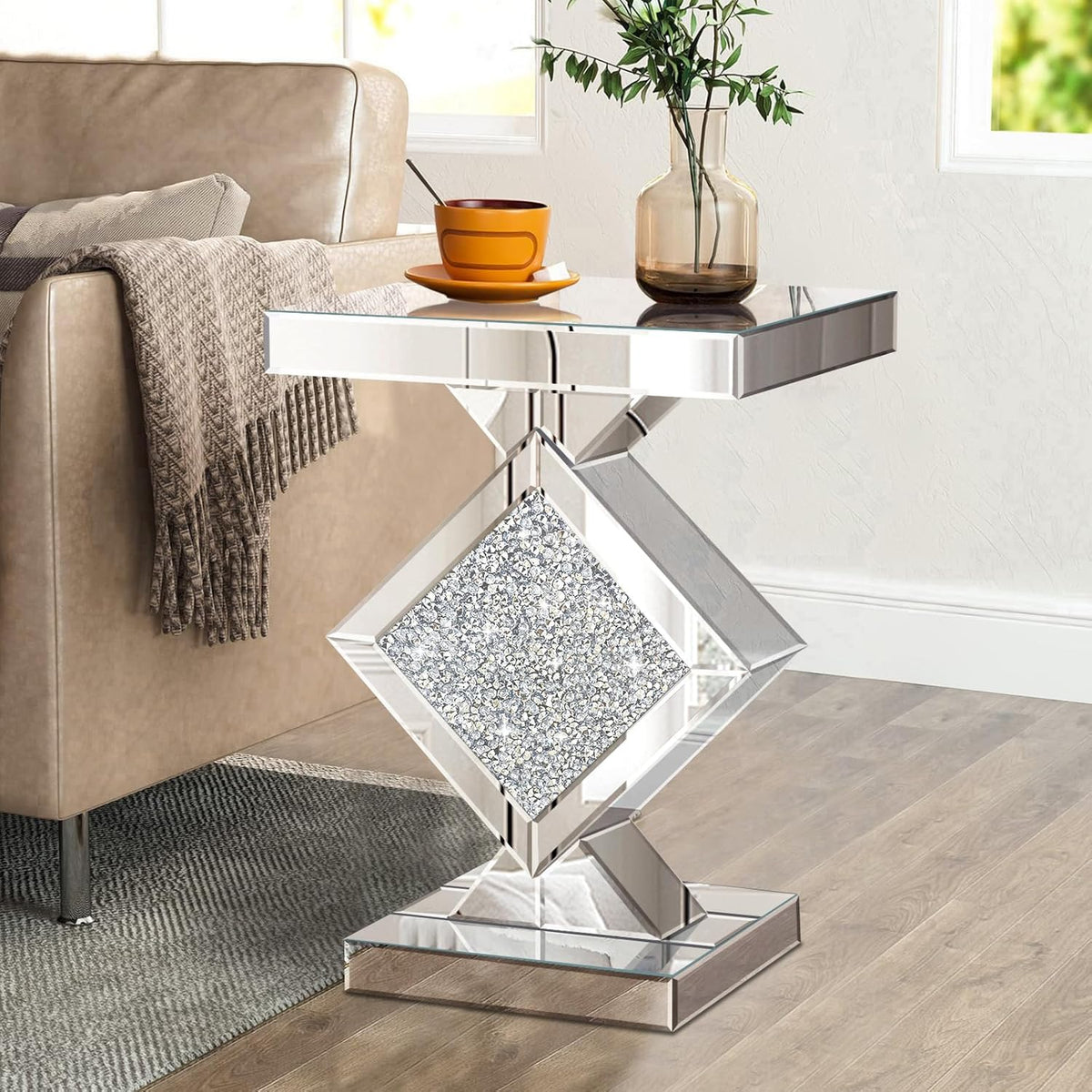 Crushed Diamond Mirrored End Table, Silver Side Accent Table, Small Mirrored Coffee Table for Living Room, Bedroom, 16"x16"x24"