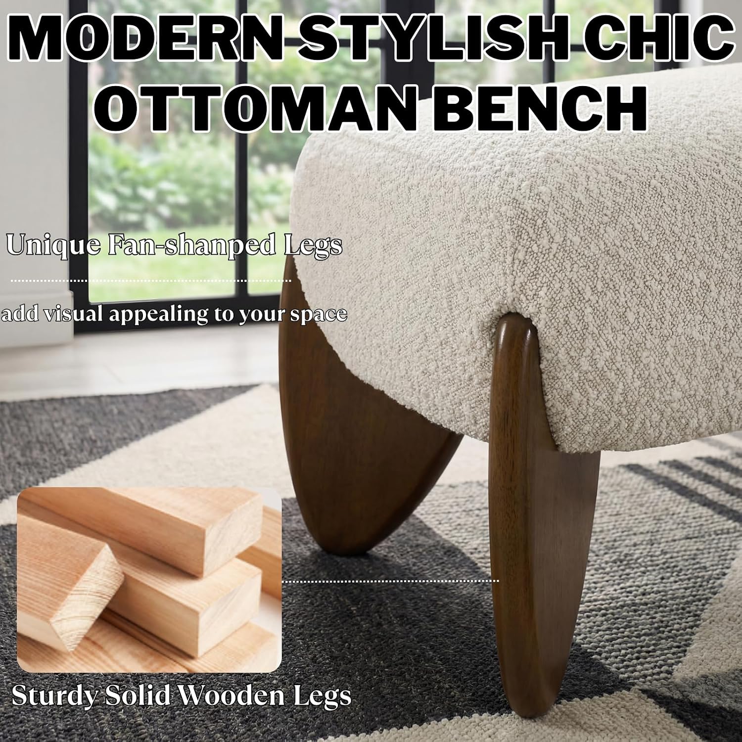 Ya-Home Modern Boucle Bedroom Bench, 50” Upholstered End of Bed Bench with Comfy Seat/Solid Wood Legs, Wooden Entryway Window Ottoman Bench for Living Room/Hallway, Beige