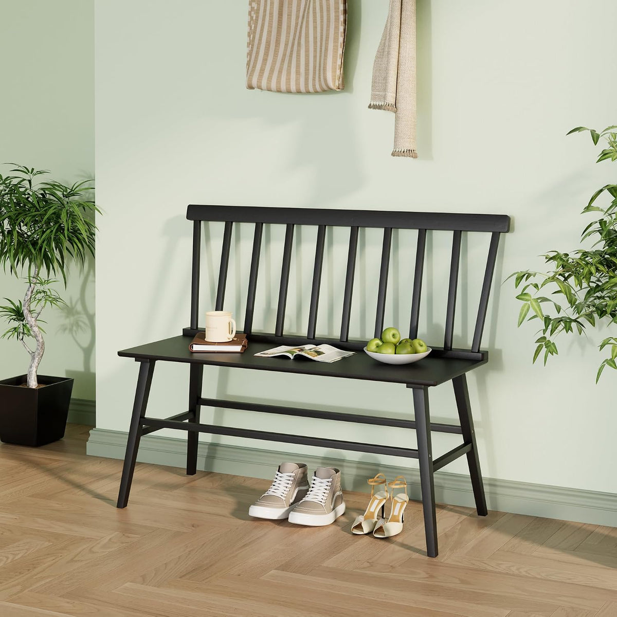 APRTAT Bamboo Entryway Bench, Dining Bench with Spindle Back (Black) | Natural Bamboo & H-Shaped Support, Spindle Back, Ideal for entryways, bedrooms, outdoor settings, Easy Assembly & Clean