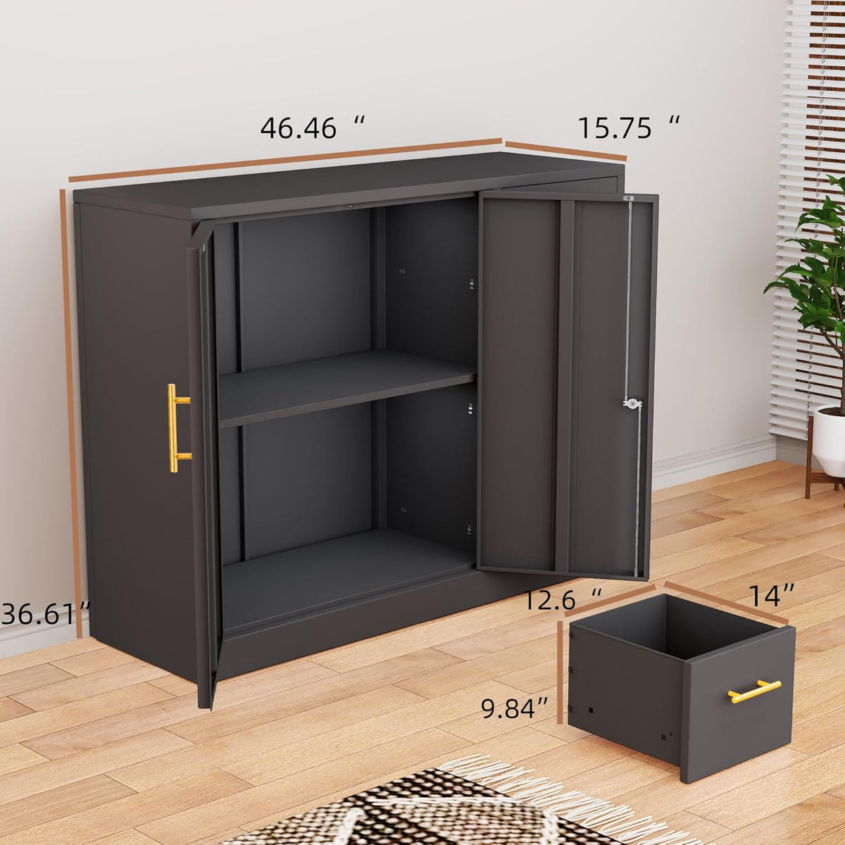 Tokawa Large Metal Office Storage Cabinet with 3 Drawers & 2 Doors, 46.46" Wide Credenza with Gold Handles, Stationary Sideboard & Printer Stand for Home Office, Black 1
