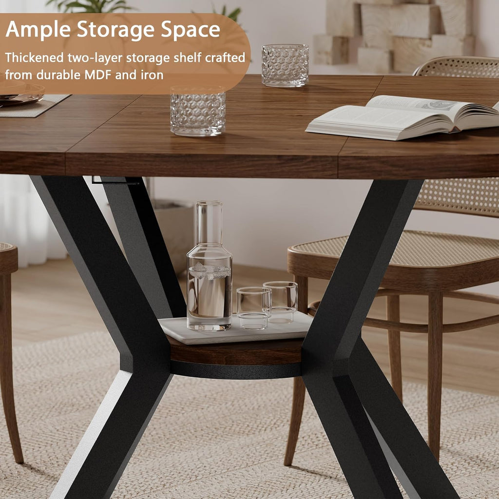 42"-58" Extendable Round Dining Table for 4-6, Kitchen Oval Table with Hidden Leaves & Storage Shelf, Space Saving Modern Design with Sturdy Metal Legs for Kitchen, Dining Room & Small Apartments