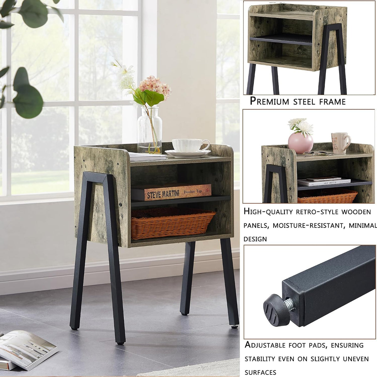 VECELO Night Stand Industrial End Table,Stackable Accent Furniture Bedside Table with 2-Tier Open Storage Space Side Table Nightstands for Bedroom, Living Room