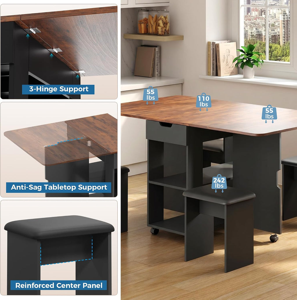 Mondeer 55" Folding Dining Table and Chairs Set 4, Cushioned Stools | 2 Drawers, Storage Shelves, Space Saving Table and Chairs for Kitchen Dining Room Small Spaces, Rustic Brown and Black