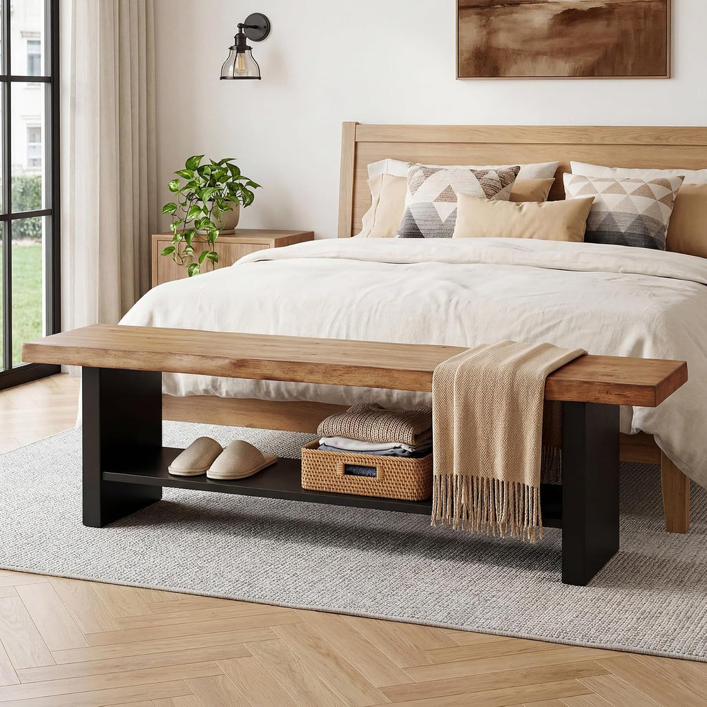 55" Solid Wood Bench with Shoe Storage, 2-Tier Farmhouse Entryway Bench, Narrow Rustic Brown Bench for Bedroom, Hallway