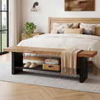 55" Solid Wood Bench with Shoe Storage, 2-Tier Farmhouse Entryway Bench, Narrow Rustic Brown Bench for Bedroom, Hallway