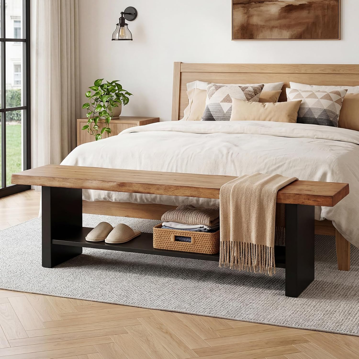55" Solid Wood Bench with Shoe Storage, 2-Tier Farmhouse Entryway Bench, Narrow Rustic Brown Bench for Bedroom, Hallway