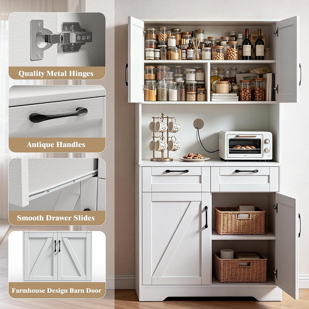 Tall Kitchen Pantry Cabinet with 2 Drawers, White Hutch Cabinet with Storage, Kitchen Pantry Storage Cabinet with Countertop and Adjustable Shelf, Tall Pantry for Kitchen