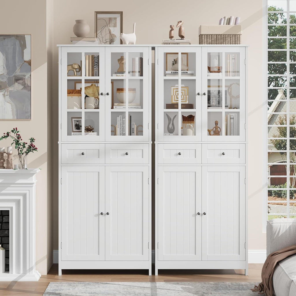 BOTLOG 71" Tall Kitchen Pantry Storage Cabinet, Pantry Cabinet with Drawers and Glass Doors, Freestanding Kitchen Cupboard for Dining Room, Laundry, White