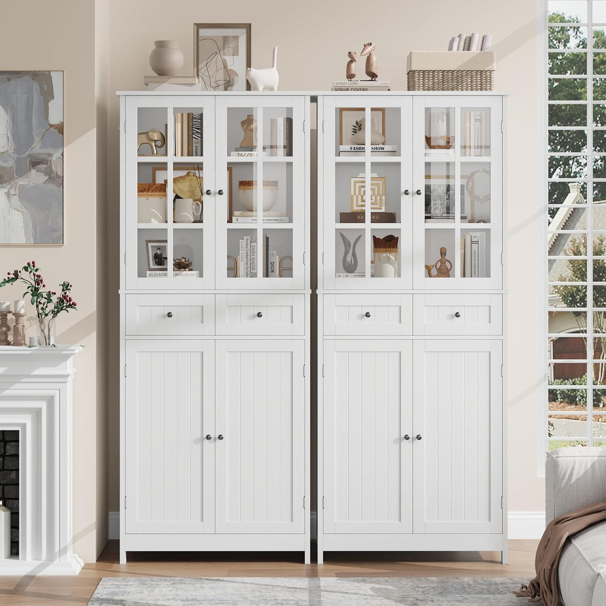 BOTLOG 71" Tall Kitchen Pantry Storage Cabinet, Pantry Cabinet with Drawers and Glass Doors, Freestanding Kitchen Cupboard for Dining Room, Laundry, White