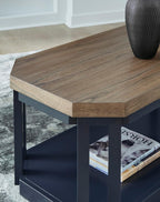 Signature Design by Ashley Landocken Contemporary Occasional Table Set with Open Shelves and Casters, Set of 3, Light Brown & Blue