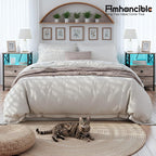 AMHANCIBLE Nightstands Set of 2 with Charging Station and LED Lights | Large Bedside Tables with USB Ports and AC Outlets, 2 Fabric Drawers, Modern Night Stand for Bedroom, Grey