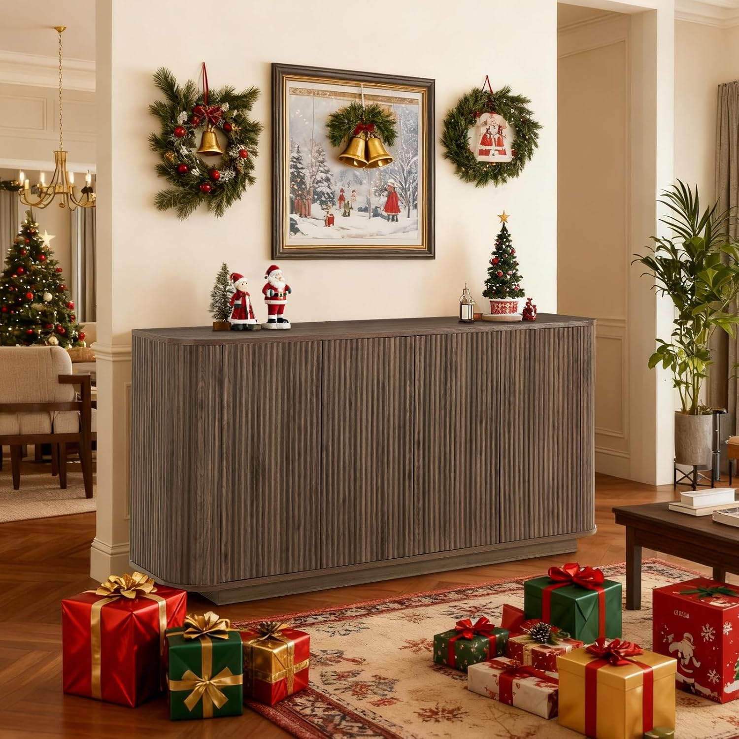 64" Sideboard Buffet Cabinet with Fluted Accent and Adjustable Shelves, Modern Wood Media Console Coffee Bar for Living Room, Kitchen or Dining Room, 64W x 31.5H Inches, Walnut