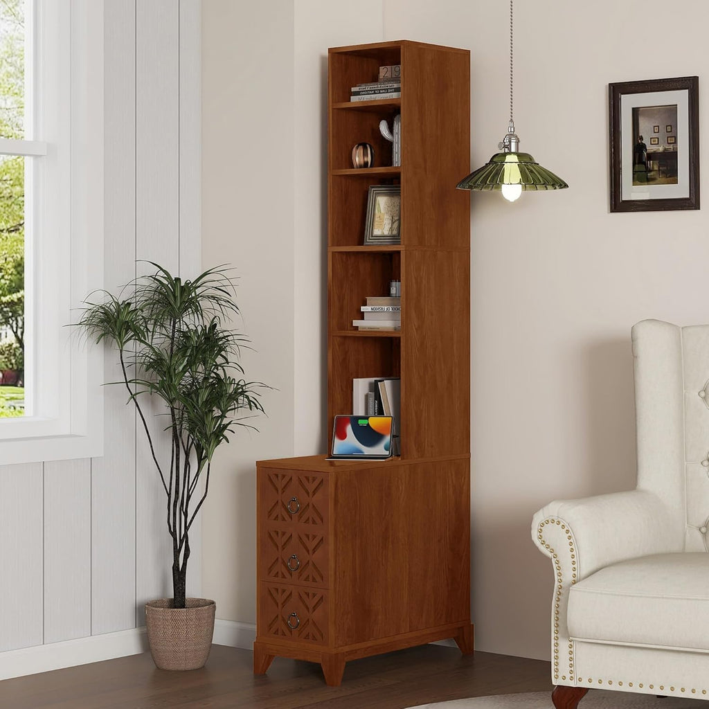 KEIKI End Table with 3 Drawers, Corner Table with 4 Open Shelves, Tall Side Table for Living Room, Bedroom and Corner