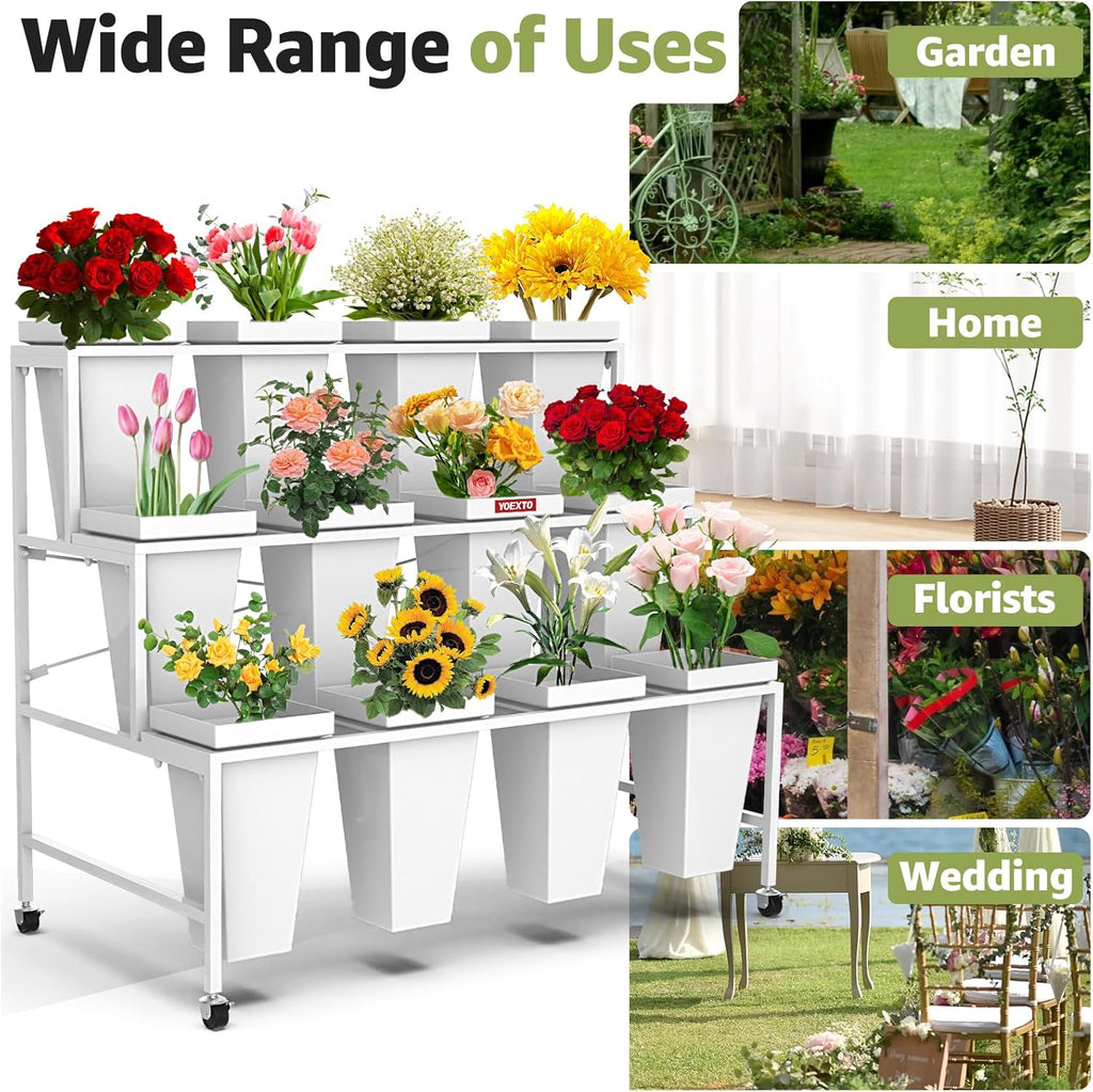 3 Layers Flower Display Stand with Buckets, 12 PCS Buckets Plant Stand with Wheels, Movable Metal Plant Stand for Terrace Garden, Living Room, Florist Shop