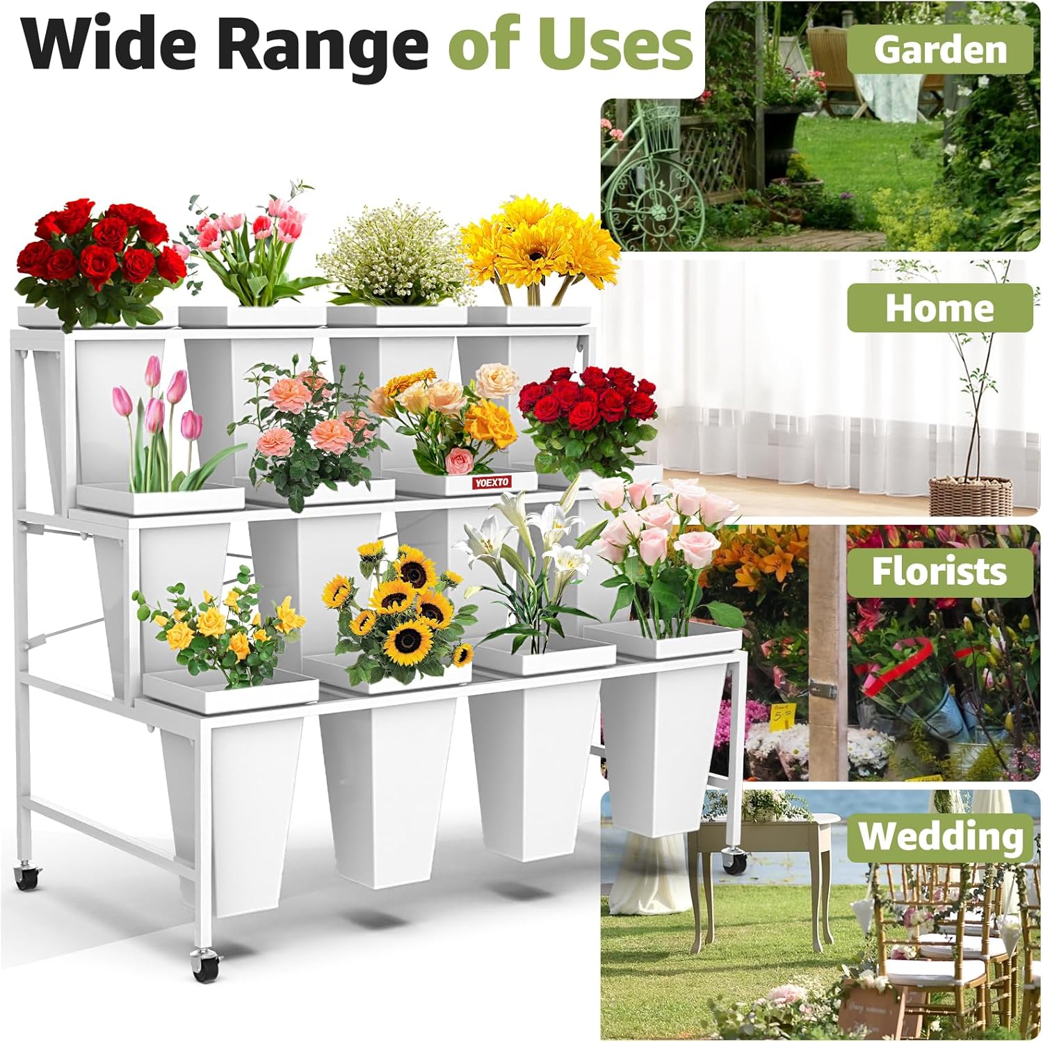 3 Layers Flower Display Stand with Buckets, 12 PCS Buckets Plant Stand with Wheels, Movable Metal Plant Stand for Terrace Garden, Living Room, Florist Shop