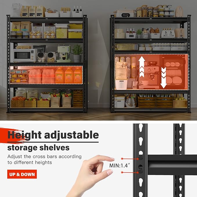 REIBII 72" Garage Shelving, Heavy Duty Storage Shelves 2000LBS, 5 Tier Metal Shelving Unit, Adjustable Garage Storage Shelves for Craft Warehouse Pantry Basement, 72'' * 35.5'' * 11.8''