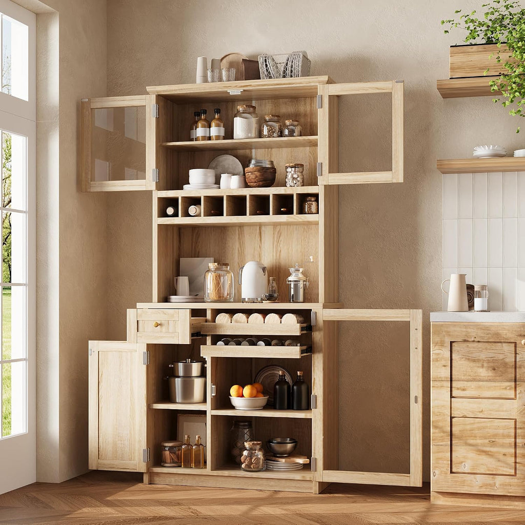 Polibi Farmhouse Freestanding Kitchen Pantry Cabinet Buffet with Hutch, Wine Rack, Adjustable Shelves, Pull-Out Bottle Trays & Glass Doors, 35.4x17.7x74.8inch,Natural