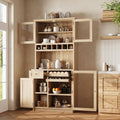 Polibi Farmhouse Freestanding Kitchen Pantry Cabinet Buffet with Hutch, Wine Rack, Adjustable Shelves, Pull-Out Bottle Trays & Glass Doors, 35.4x17.7x74.8inch,Natural