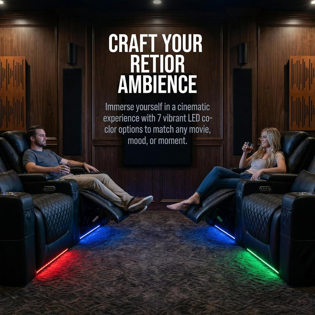 Airadlis Home Theater Seating Seats, Theater Recliner Chair Sofa Game Movie Theater Chairs with 7 Colors Ambient Lighting, Lumbar Pillow, Side Pocket, Tray Table, Power Recline, Black