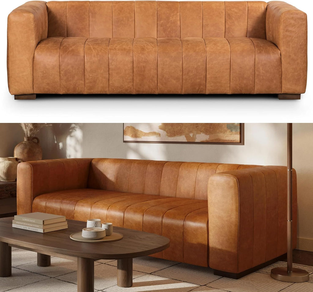 POLY & BARK Canale Sofa – 86" Channel-Tufted Italian Leather Couch – Cognac Tan Full-Grain Pure-Aniline or Semi-Aniline Leather, Solid Wood Frame & Legs