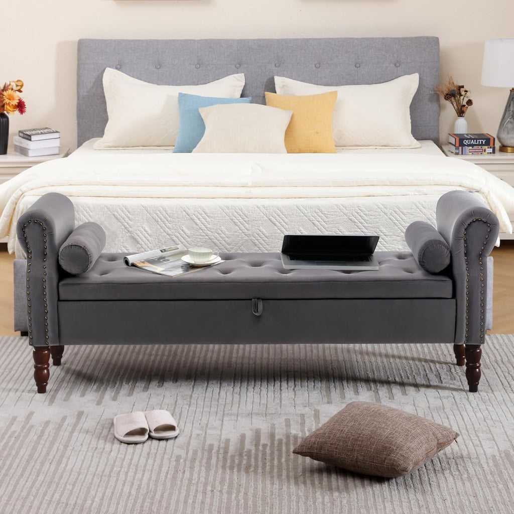 67" End of Bed Storage Bench King Size, Storage Bench for Bedroom, Velvet Bed Bench with Storage Upholstered Tufted Storage Ottoman Bench with Arms for Bedroom, Living Room, Entryway, Dark Grey