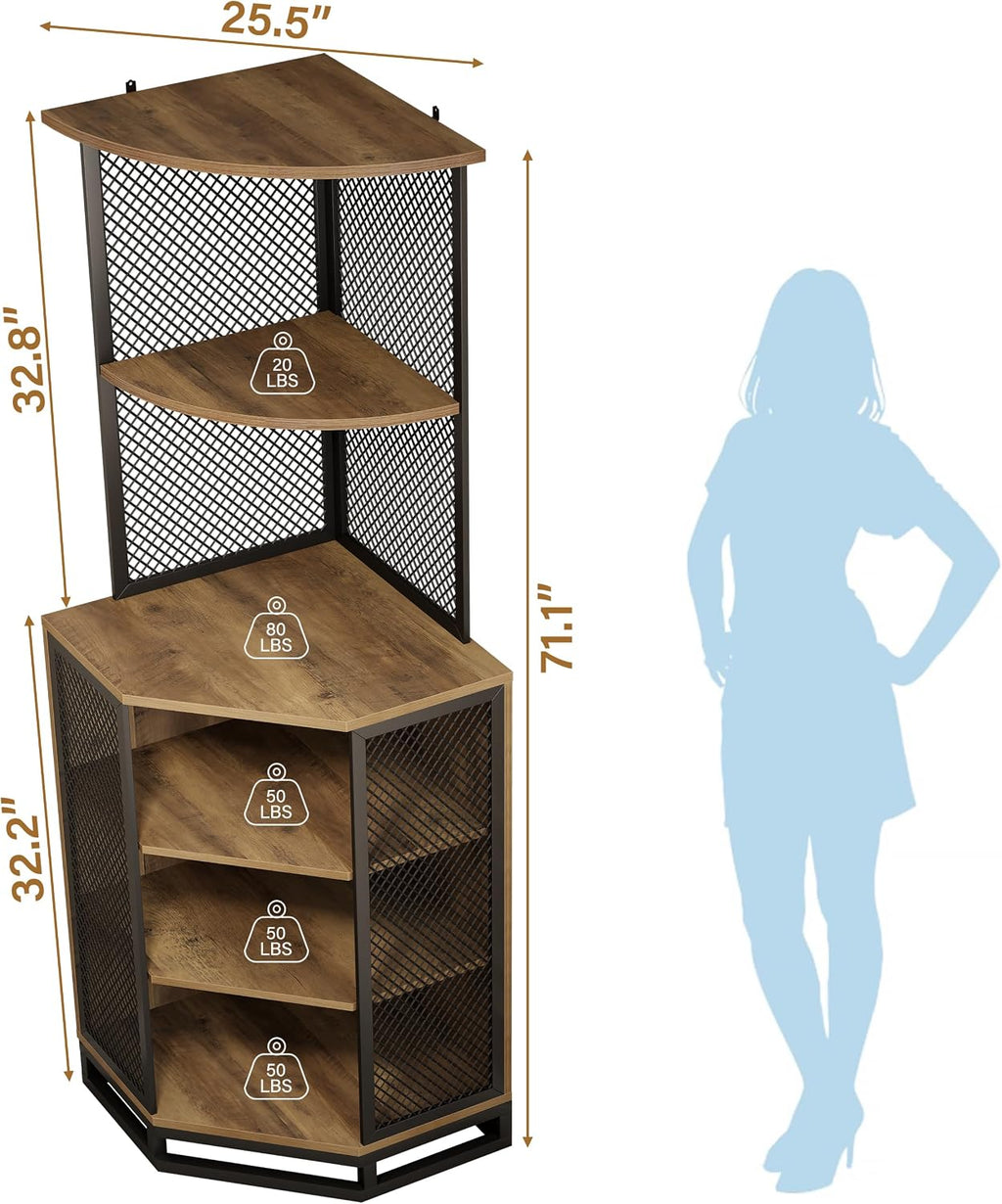 IBF 71 Inch Rustic Oak Farmhouse Tall Corner Bar Cabinet with Glass Holder | Sturdy 5-Tier Industrial Farmhouse Liquor Storage with Adjustble Shelf，Anti-Tipping Design for Home Kitchen Small Space