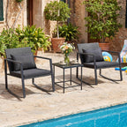 Tangkula 3 Pieces Outdoor Rocking Chairs Set, Rattan Heavy Duty Cushioned Rocker Chairs with Cushions, Pillows, Tempered Glass Table, Metal Frame for Garden, Balcony, Backyard (Black)