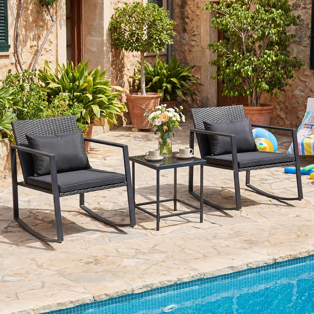 Tangkula 3 Pieces Outdoor Rocking Chairs Set, Rattan Heavy Duty Cushioned Rocker Chairs with Cushions, Pillows, Tempered Glass Table, Metal Frame for Garden, Balcony, Backyard (Black)