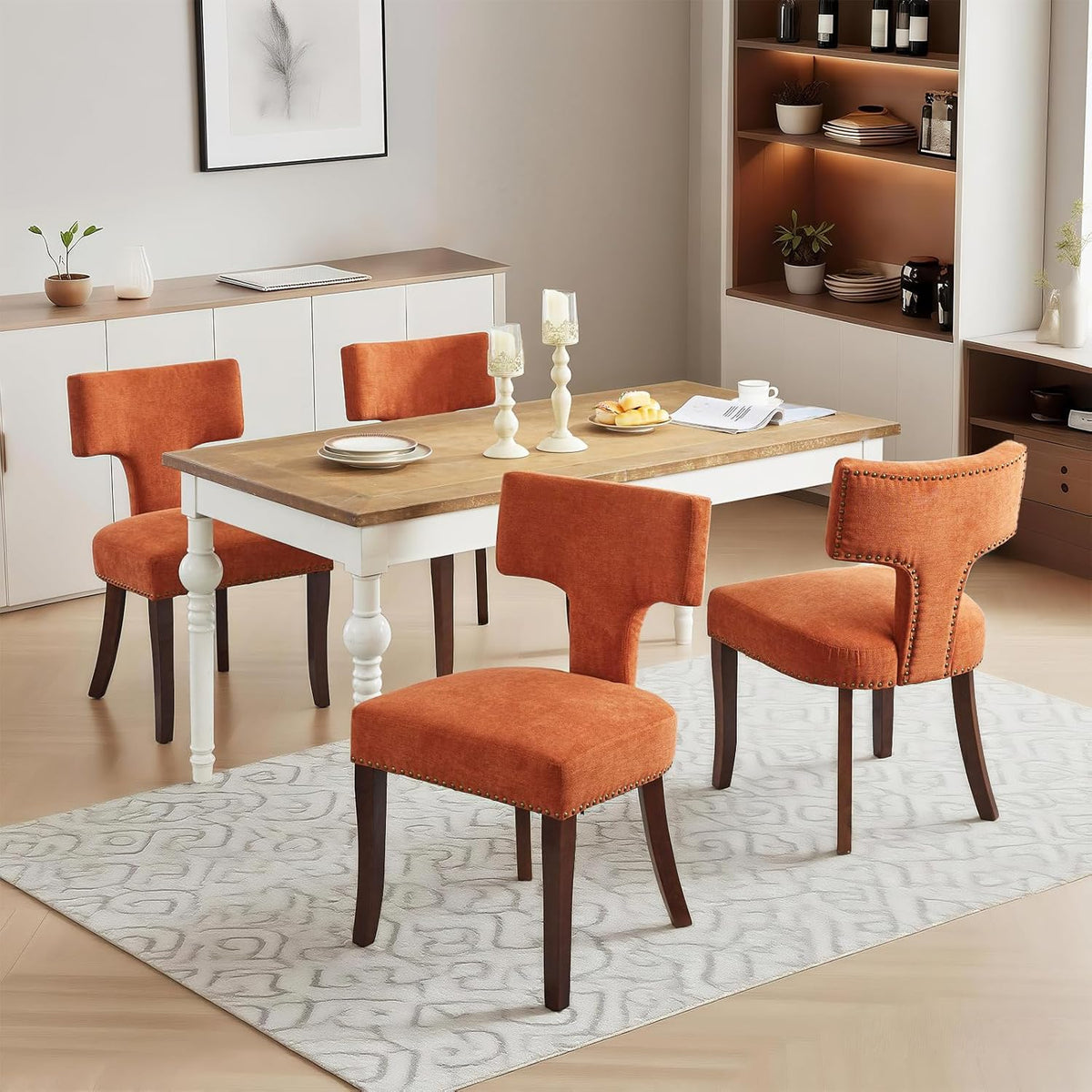 Mid Century Modern Farmhouse Dining Chairs Set of 4, Linen Upholstered with Curved Backrest & Copper Nail Trim, Hardwood Frame, Orange