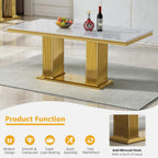 68 in Faux Marble Dining Table for 4-6, White Marble Dining Table with Gold Stainless Steel Base, Luxury Rectangular Dining Room Table for Kitchen, Living Room, Apartment, Family Meals, Dinner Parties