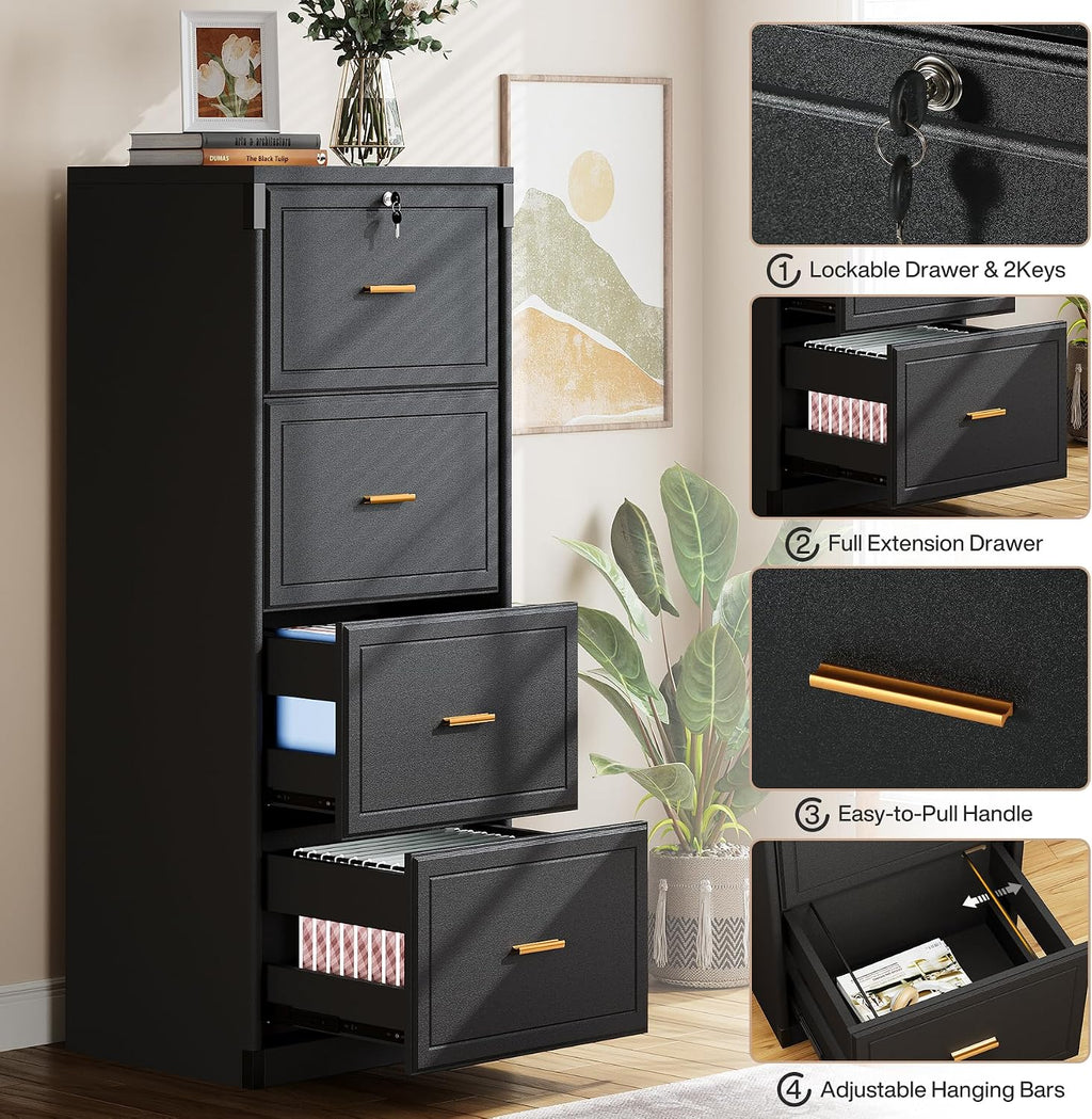 Tribesigns 4 Drawer File Cabinet with Lock, Filing Cabinets for Home Office | Vertical Wooden File Cabinet with Key, Modern Style, Tall Office Storage Cabinet for Legal Size/Letter/A4/Files, Black