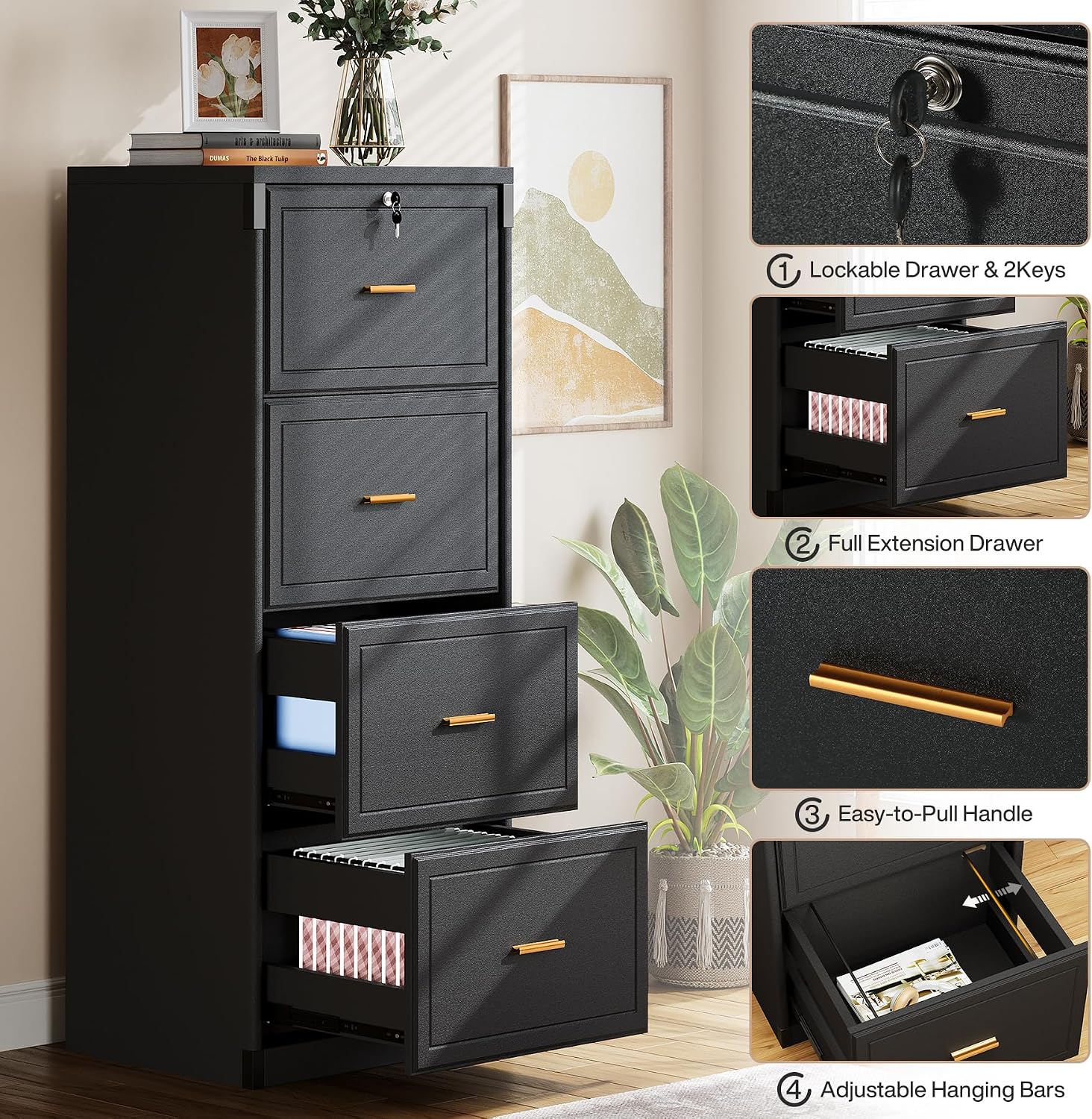 Tribesigns 4 Drawer File Cabinet with Lock, Filing Cabinets for Home Office | Vertical Wooden File Cabinet with Key, Modern Style, Tall Office Storage Cabinet for Legal Size/Letter/A4/Files, Black
