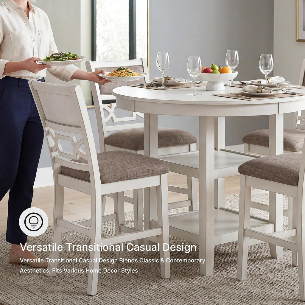 Signature Design by Ashley Round Dining Table Set for 4, Counter Height | 42-inch round table with built-in storage shelves, 4 foam-cushioned light gray barstools, Antique white finish, Erinberg