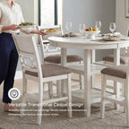 Signature Design by Ashley Round Dining Table Set for 4, Counter Height | 42-inch round table with built-in storage shelves, 4 foam-cushioned light gray barstools, Antique white finish, Erinberg