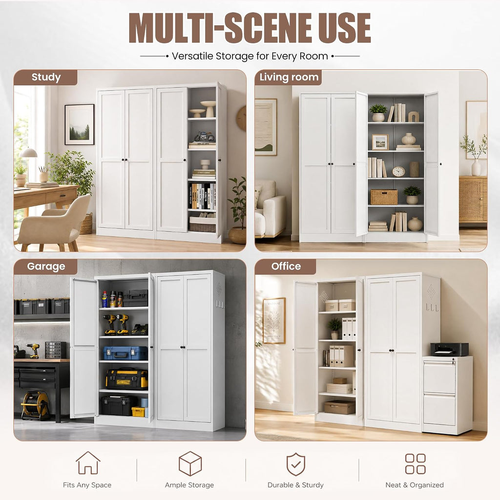 Metal Pantry Cabinet, Kitchen Pantry Storage Cabinets | with Doors and 4 Shelves, White Kitchen Pantry Cabinet for Home Office Living Room