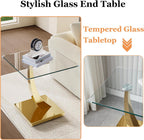 23" Glass End Table, Modern Square Side Table with Tempered Glass Top and Gold Horn-Shaped Stainless Steel Base for Apartment, Office