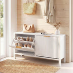 Giantex Shoe Storage Bench with 2 Flip Drawers, Wooden Entryway Bench with Storage, Fluted Doors, Adjustable Shelves, Hidden Shoe Cabinet for Entry Way, Hallway, Foyer, Living Room (White+Gold)