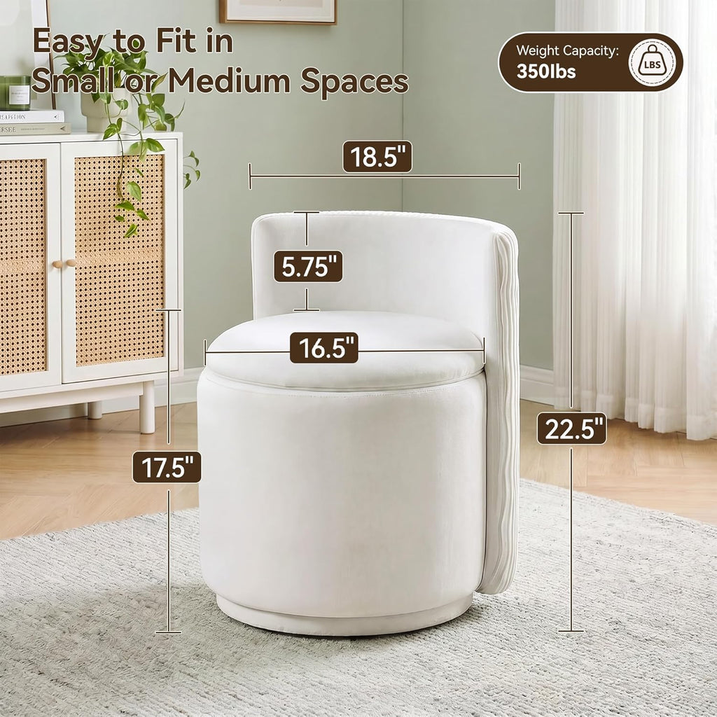 HUBSON Vanity Chair with Storage, Swivel Velvet Chairs with Back, Modern Round Accent Makeup Chair, No Assembly Vanity Stool for Living Room, Bedroom, Dressing, White
