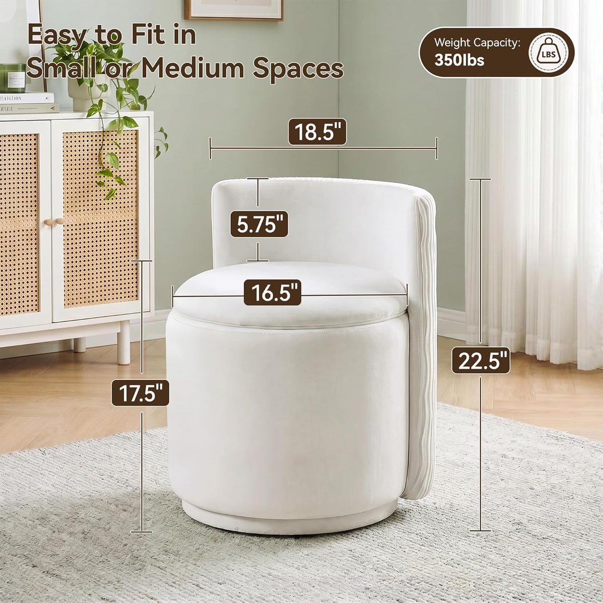 HUBSON Vanity Chair with Storage, Swivel Velvet Chairs with Back, Modern Round Accent Makeup Chair, No Assembly Vanity Stool for Living Room, Bedroom, Dressing, White