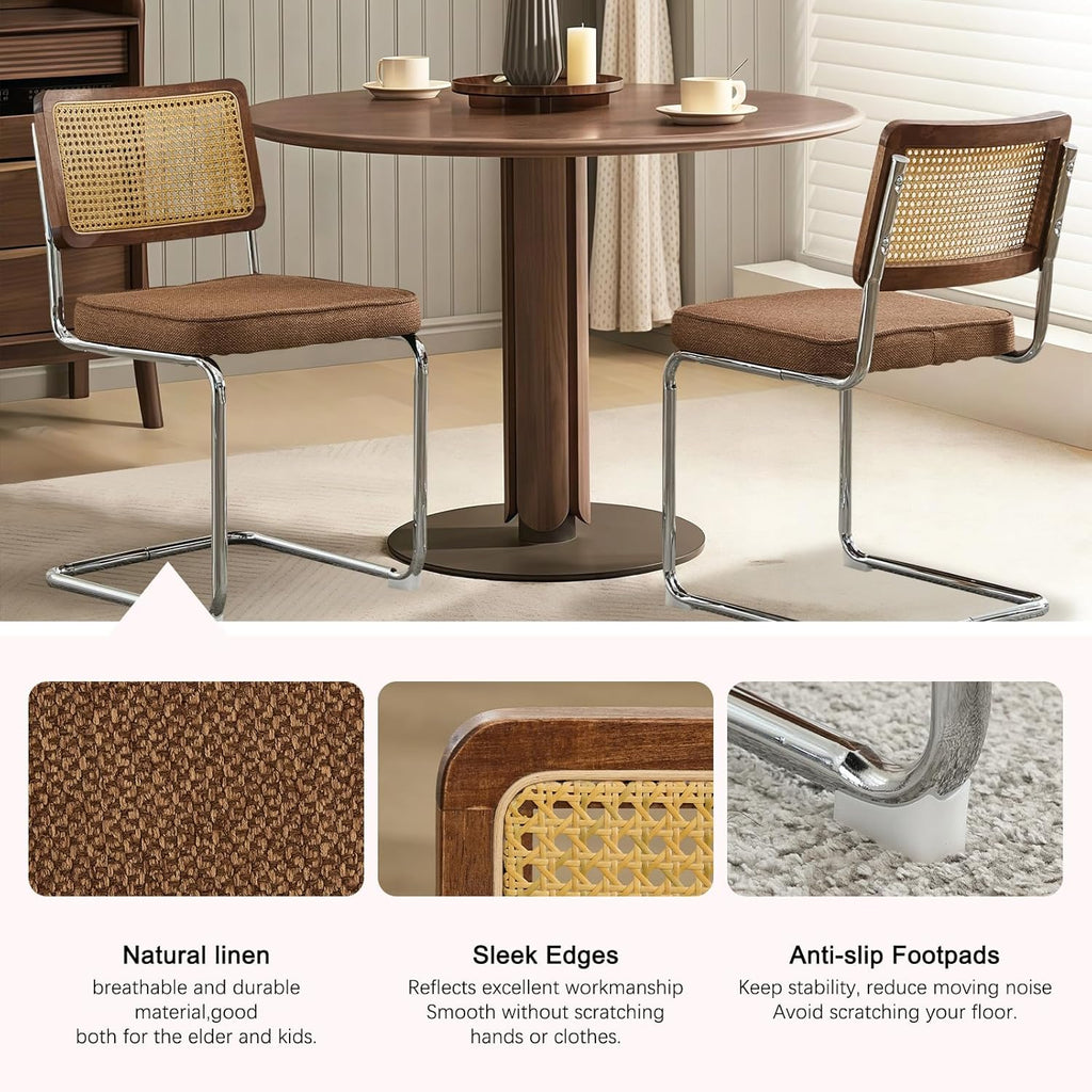 SoarFlash Linen Dining Chair Set of 2 Modern Upholstered Kitchen Chair with Walnut Rattan Cane Back, Stainless Chrome Base for Dining Room, Club(Coffee)