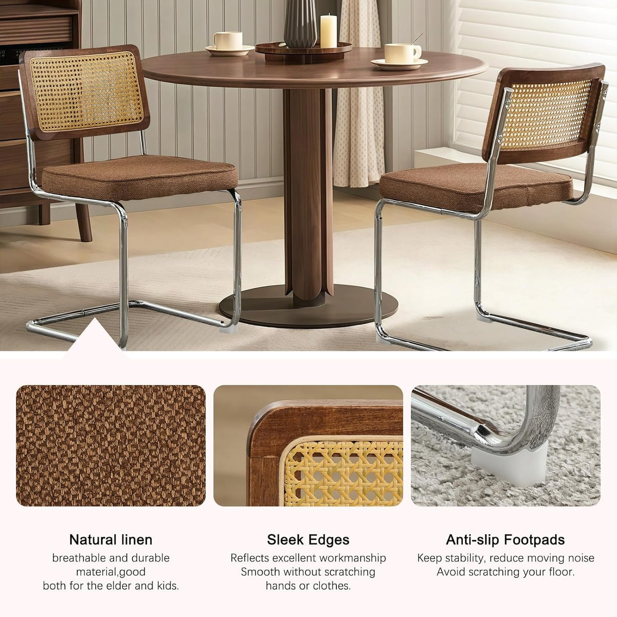 SoarFlash Linen Dining Chair Set of 2 Modern Upholstered Kitchen Chair with Walnut Rattan Cane Back, Stainless Chrome Base for Dining Room, Club(Coffee)