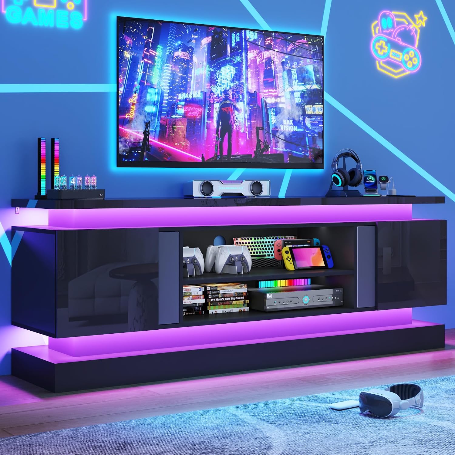 St.Mandyu 71" 2 LED TV Stand for TVs 85 inch,High Gloss Gaming Tall Entertainment Center w/Power Outlet,6000-Colors LED Lights,Modern TV Media Console Table with 2 Cabinets for Living Room,Black